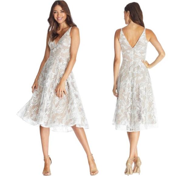 Dress the Population NEW Elisa Vine Embroidered Midi Dress White Nude Small - Picture 1 of 16